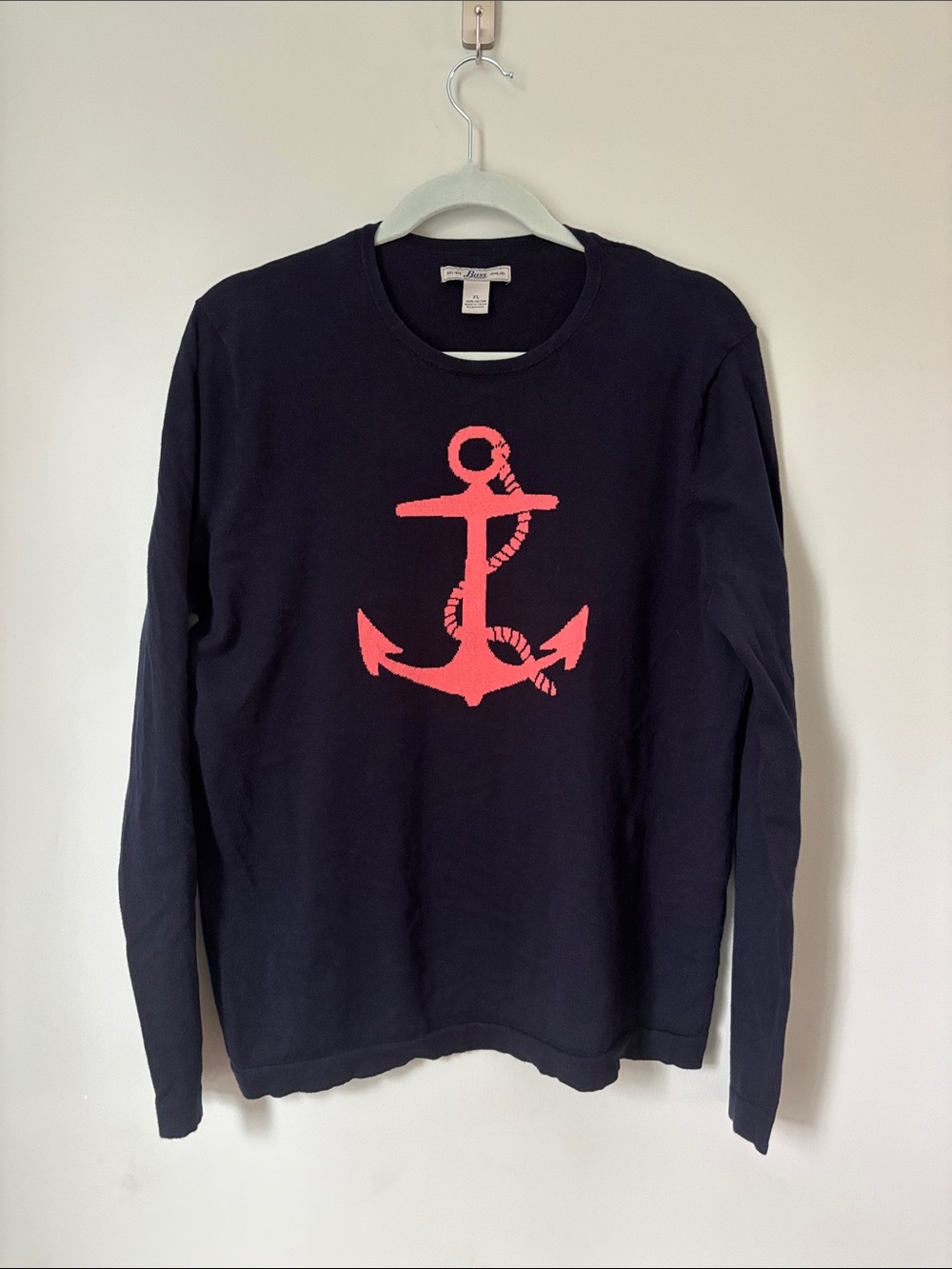 GH Bass Nautical Anchor Knit Sweater XL Navy Blue Coral Coastal Grandma